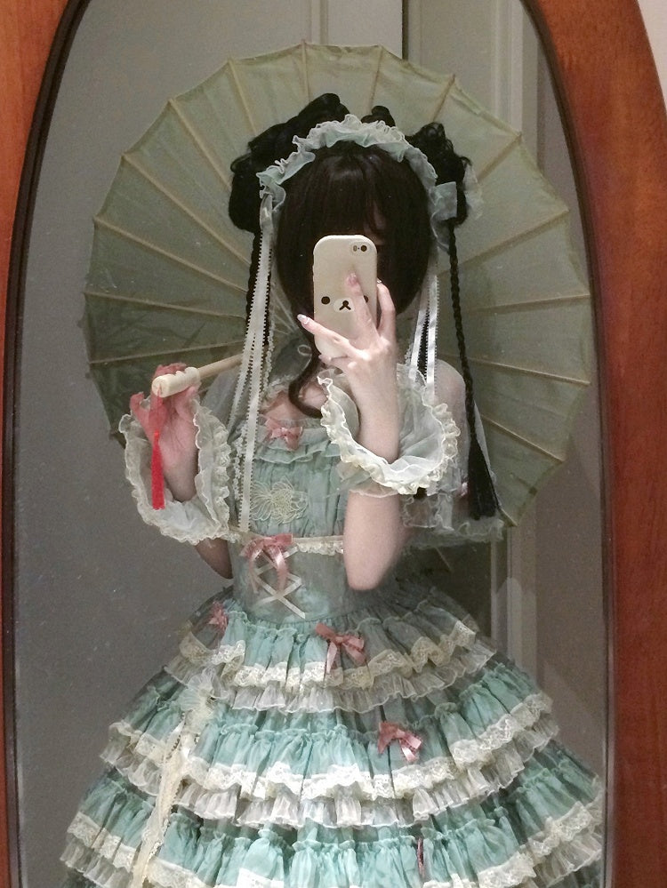 with Applique and Hairband Pink/Green/Blue Sweet Goldfish Lolita Embroidery Ribbon Ruffled