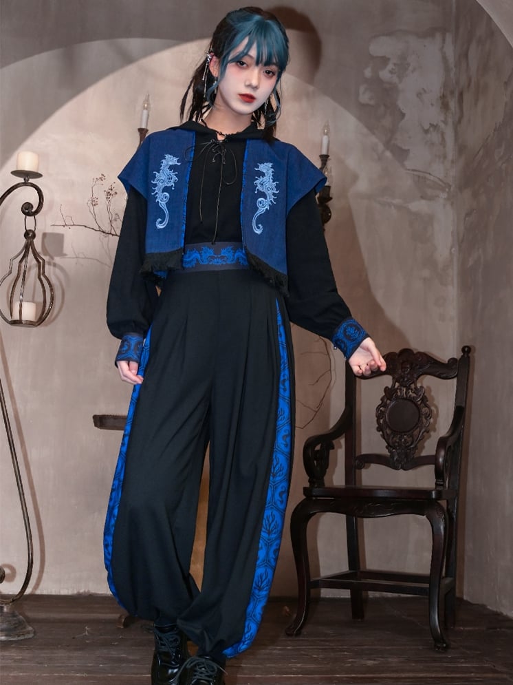Blau-schwarze Koralle-Cheongsam mit weitem Bein und Bündchen, Seepferdchen- und Printmuster