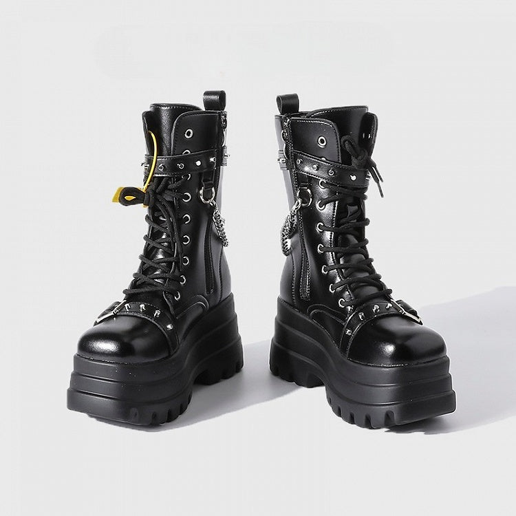 Mid-Calf - Gothic Chain Charm Platform Black Boots