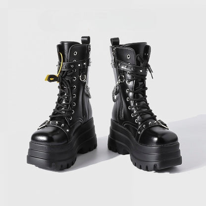Mid-Calf - Gothic Chain Charm Platform Black Boots