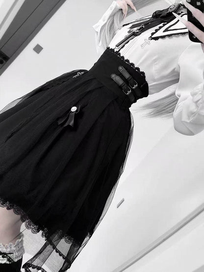 Long Sleeve Details + Bow Tulle Jirai Blouse Skirt High-Waist with White Gothic Train Cross Set Kei Black Lace