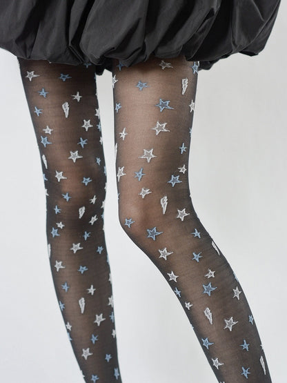 Tights Star with White White/Black Embroidery Blue Sheer