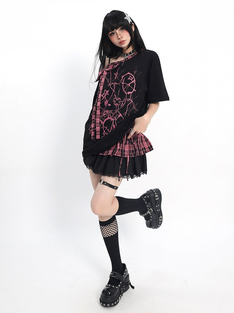 Ebony and Rose Asymmetric Tee with Doll Graphic and Check Bow - Catwish