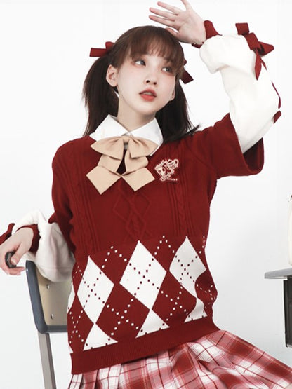 Red White Sleeves Christmas Sweater and Lace-Up Pullover Pattern with Diamond Hem