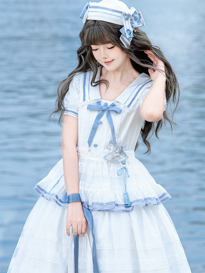 Ivory and Azure Stitched Sailor Gown with Detachable Collar - Honey Machine