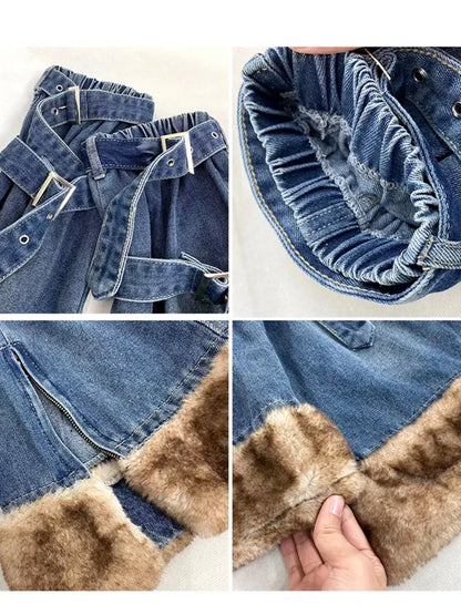 裾+脚のファッションスリットプラッシュスカートウォーマーデニムサイドストラップバックルギャルブルー