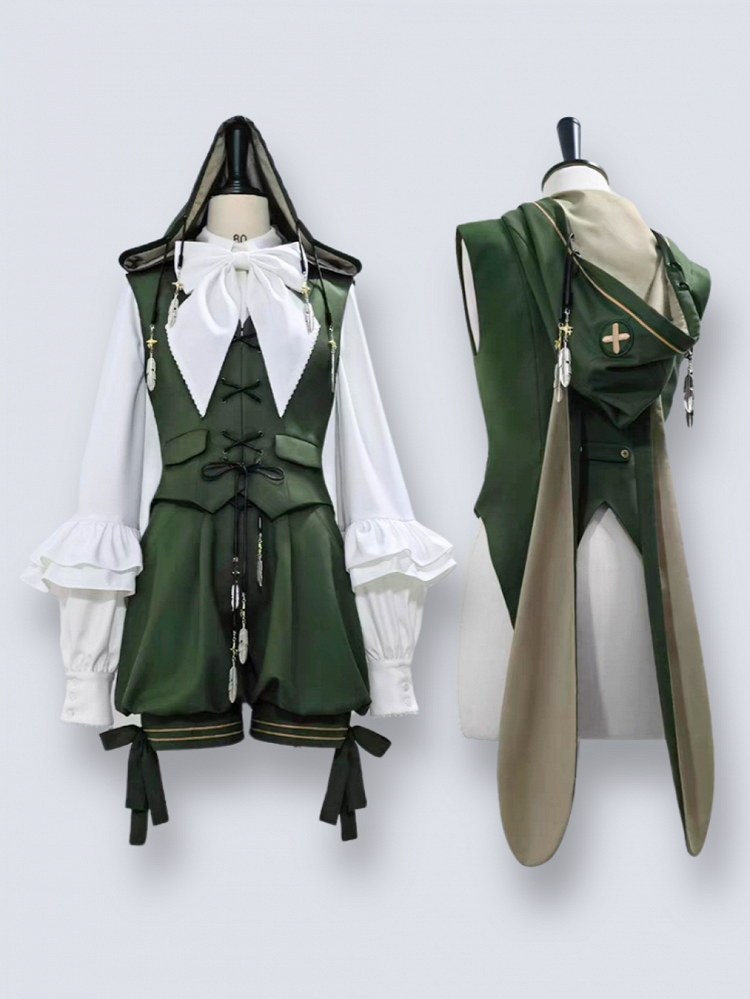 Feder mit Weste-Charme, grüne Schnüre, Kapuze, silberne Prinz-Lolita-Ohren, übergroßer Ouji-Hase