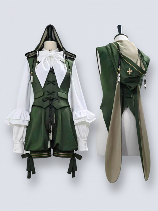 Feather with Waistcoat Charm Green Strings Hooded Silver Prince Lolita Ears Oversized Ouji Bunny