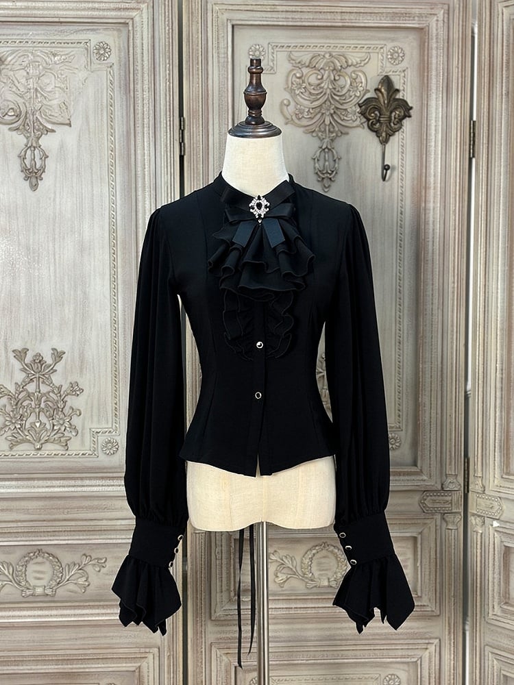 Long-sleeved with Lolita Ruffled Jabot Placket Blouse Tie and White