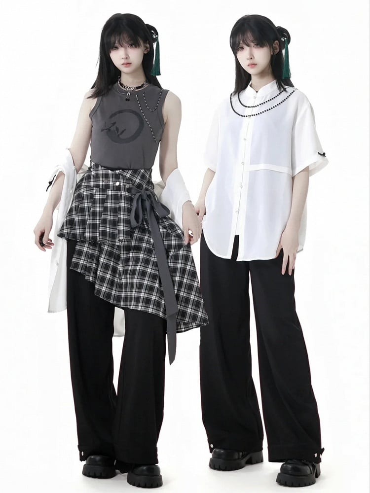 Plaid Skirt with Self-Tie Strap Black and White Asymmetrical Flounce Hem
