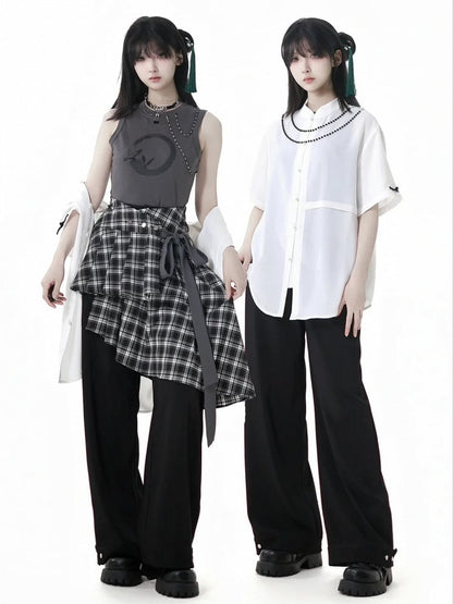 Plaid Skirt with Self-Tie Strap Black and White Asymmetrical Flounce Hem