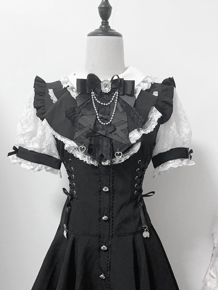 Jirai Chains Bib-Style Black Beaded with Kei Tie Bow Delicate