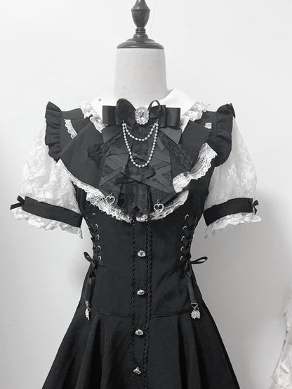 Jirai Chains Bib-Style Black Beaded with Kei Tie Bow Delicate