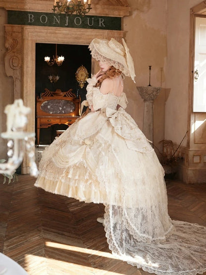 Hime Off-Shoulder Layered Hanayome Ruffles with Gown Lace Details Champagne and Bow Lolita Version Short