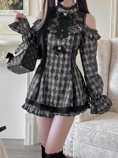 セットスカート カットアウトショルダー ミニショーツ ジライケイ イリュージョンドレス ネックライン チェック柄 フリルグレー裾