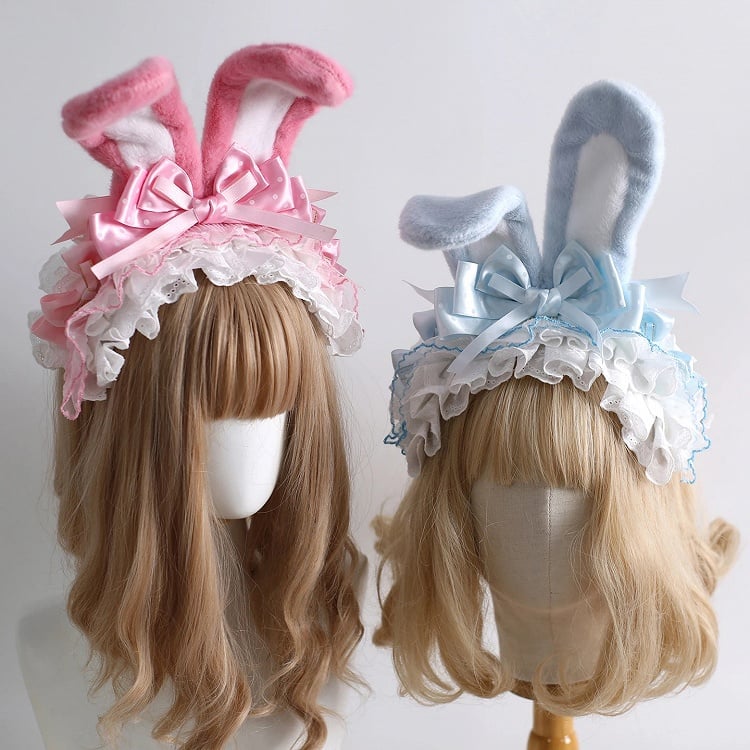 9 Colors Bunny Ear KC - Fluffy Rabbit Ears with Bow & Lace Trim