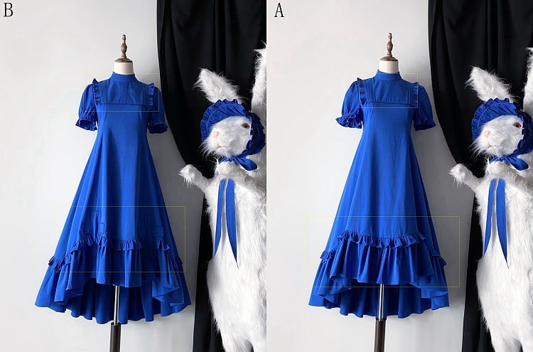 Klein Blue Gothic Lolita High-Low Ruffled Dress with Cross Patches - Blossom Herald
