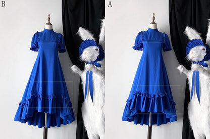 Klein Blue Gothic Lolita High-Low Ruffled Dress with Cross Patches - Blossom Herald