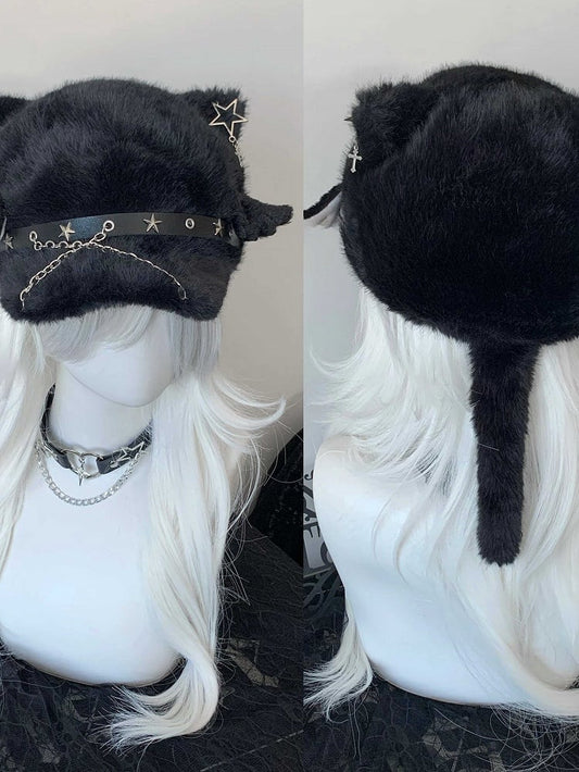 Chain Hat with Wing Punk Hardware Beret Cat Black Ear Plush Detail Angel