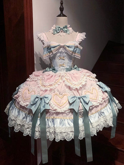 Mintgrünes Schleifen-Rosa und Blaues süßes Lolita-Korsettkleid mit Choker