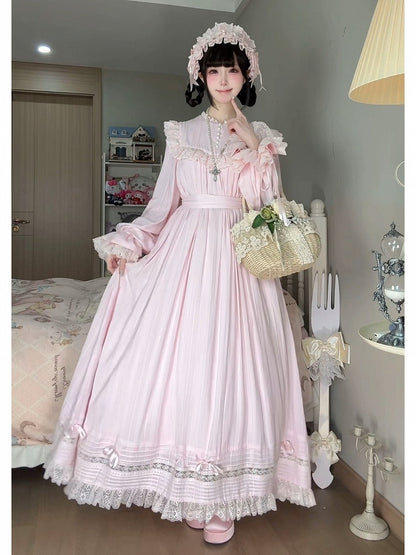 Lace Trim Long Sleeve OP Dress with Ruffles, Pink Lolita Style - Hua Xia Miao
