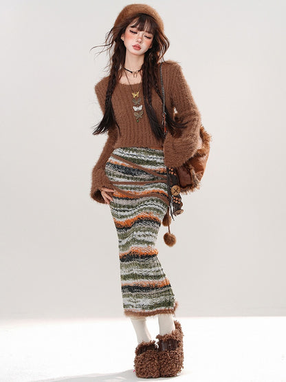 Brown Round Neck Cropped Sweater Pompom Details Striped Knit Bodycon Skirt Set