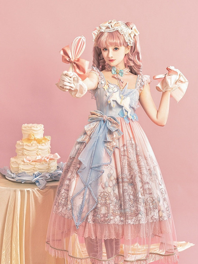 Amusement Park Themed Sleeveless Lolita Frock in Sweet Pink & Blue with Lace Choker - Xiong Dou Jiang