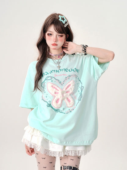 and Lettering Print Butterfly Green T-Shirt with Soft-Textured Oversized Mint Embroidery