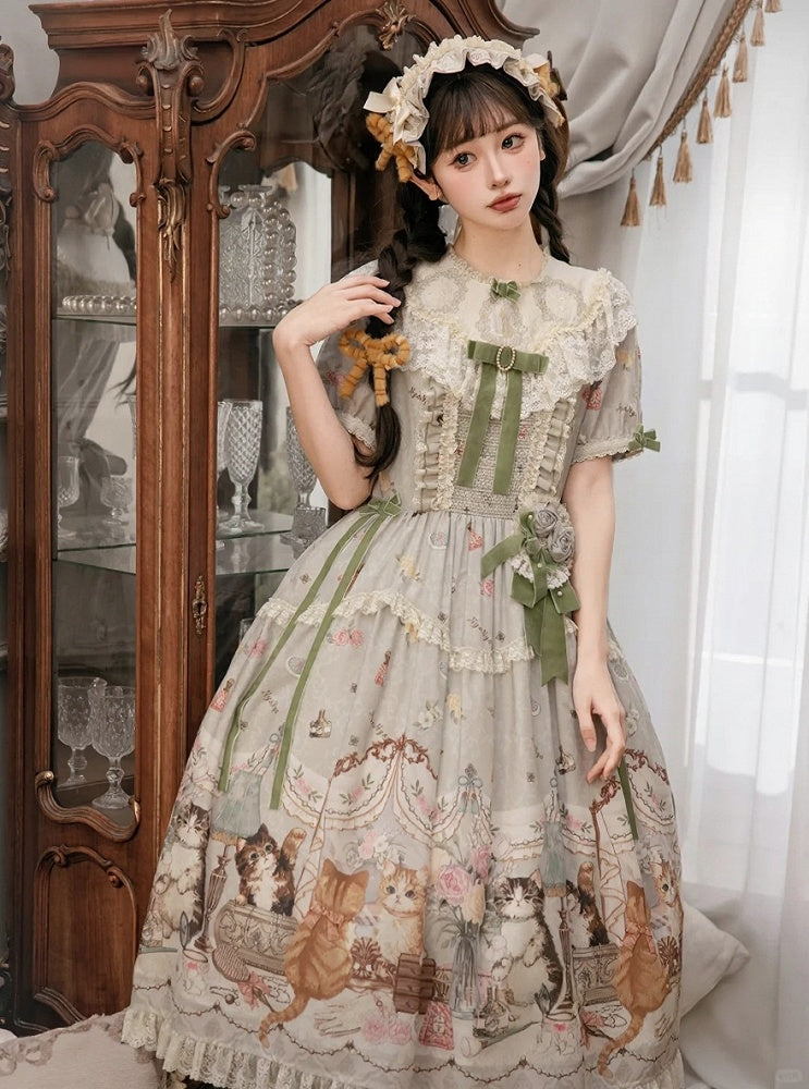 Green Cat Print Round Neck Sweet Lolita Dress with Lace Trim - NyaNya