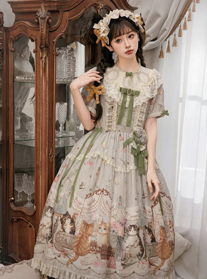 Green Cat Print Round Neck Sweet Lolita Dress with Lace Trim - NyaNya