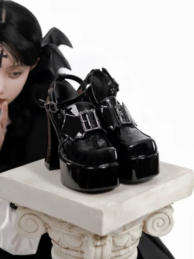 High Decor Block Gothic Heels Design Platform Wing Black Polished Bat PU Leather Spiderweb in -