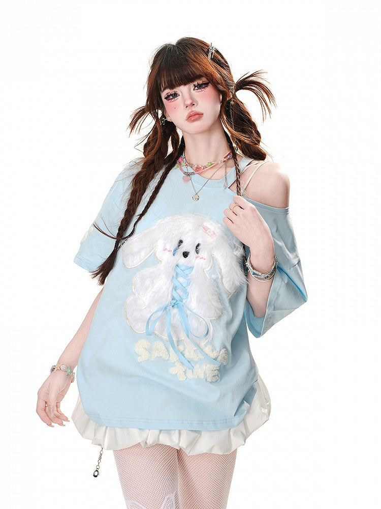 Plush Bunny Applique Criss-cross Design Cutout Shoulder Pink/Blue/Black Loose T-Shirt