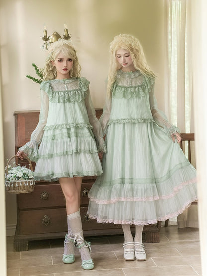 Green Illusion Neckline Blouse with Pink Lace Trim Dress & Brooch - With PUJI