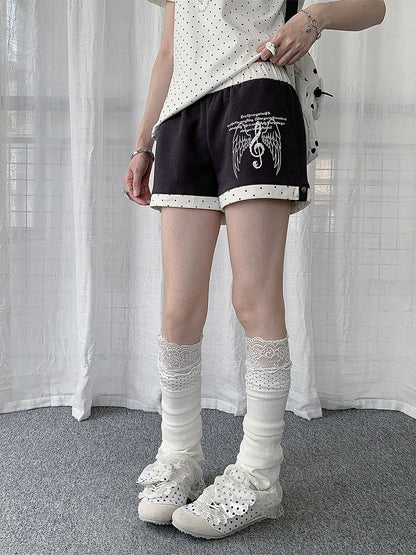 Gray Musical Note & Wing Print Shorts with Polka Dot Cuffs - Solkatt