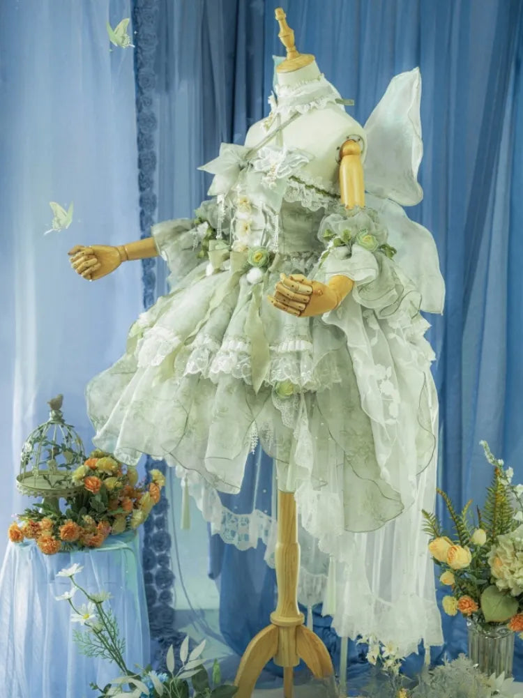 Set Decorated Princess Fairy Dress Flowers Lolita Butterfly JSK Light Full Green Forest
