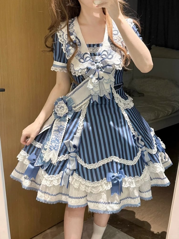 Sailor Bear Striped Dress with Bow and Embroidery - Twin Bear Original Design