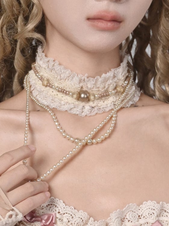Choker Cream Lace with Bead Detachable Chain