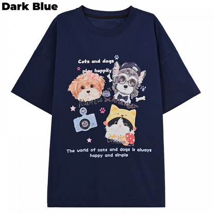 ホワイト/ブラック/ダークブルー ラウンドネック 子犬と子猫プリント ルーズTシャツ