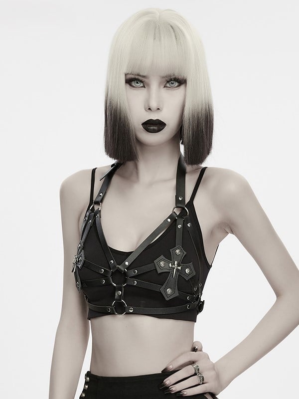Cross Accents Black Leather Punk Halter Harness - Punk Rave