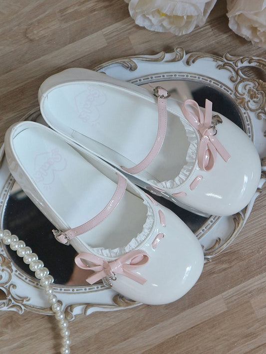 Heart-Shaped Flats Knotted Lolita Sweet Lace Delicate with Round-Toe Pink Bow Trim Accent Buckle - White
