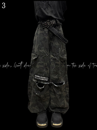 Wide-Leg Cargo Army Green Pattern Pants Camo