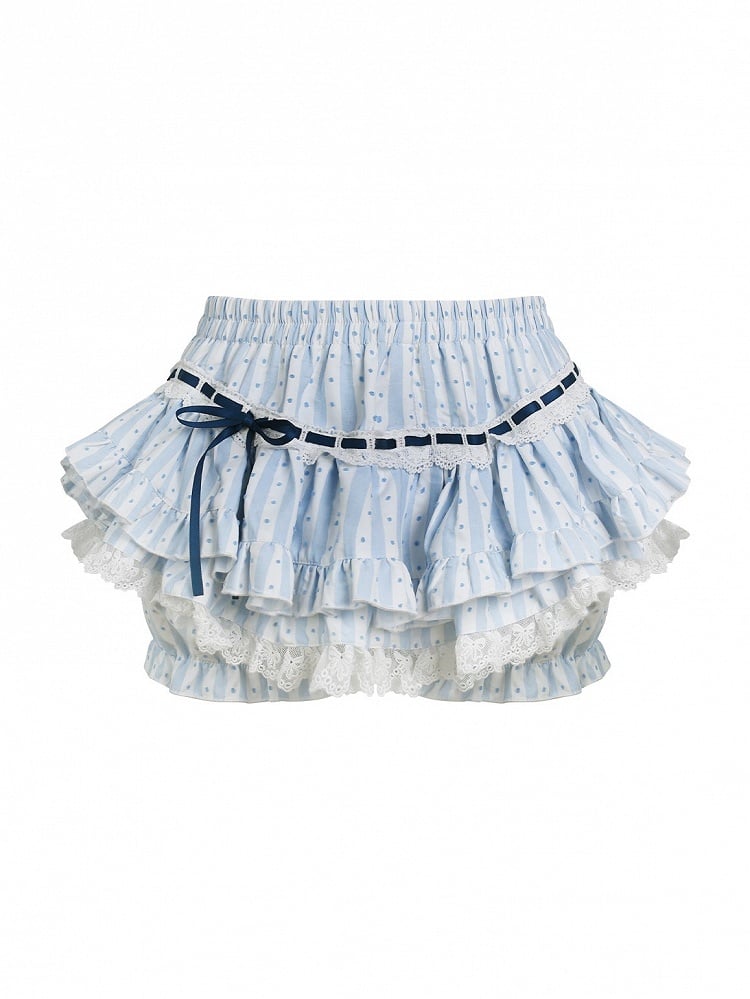 Polka Dot Attached with Striped Skirt Tiered Blue Bloomers