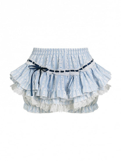 Polka Dot Attached with Striped Skirt Tiered Blue Bloomers