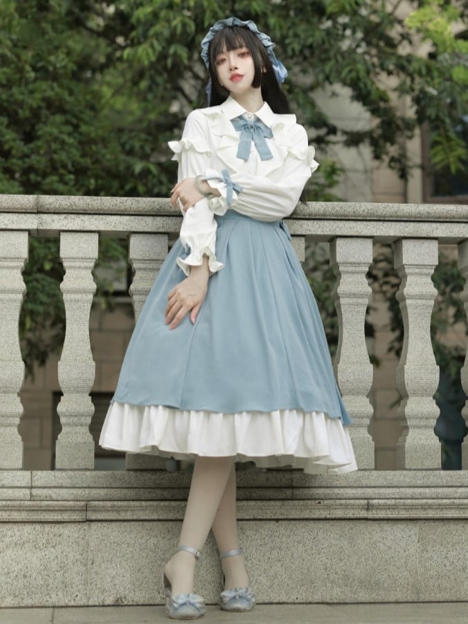 Button-Side Chiffon Colorblock with White Accent Bow Blue Skirt and
