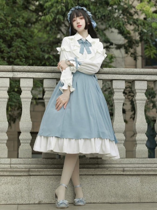 Button-Side Chiffon Colorblock with White Accent Bow Blue Skirt and