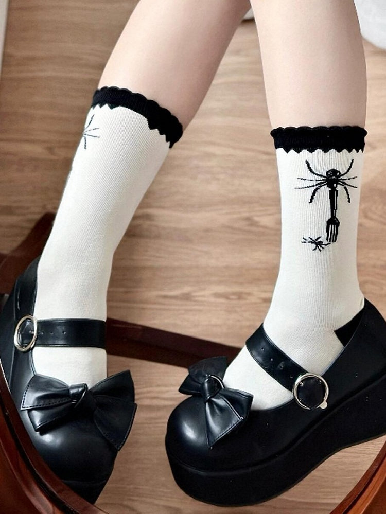 Spider Polka-Dot Socken Lolita Kalb Schwarz Gabel Muster