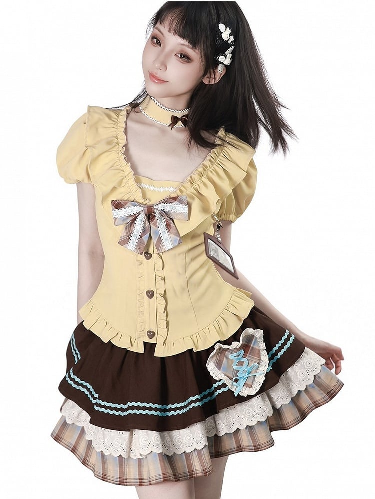 Sweet Kawaii Yellow Puff Sleeve Waist-Cinching Blouse with Ruffles, Bow, and Choker Set - PINK SAVIOR