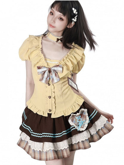 Sweet Kawaii Yellow Puff Sleeve Waist-Cinching Blouse with Ruffles, Bow, and Choker Set - PINK SAVIOR