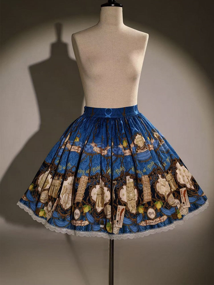 Italian Travel Navy Lolita Skirt with Delicate Lace Trim Detail - Alice Girl
