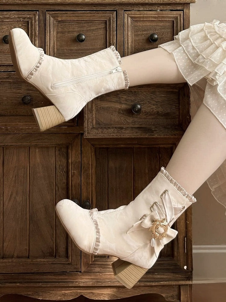 Apricot Lace-Up Round Toe Bow-Adorned Sweet Lolita Ankle Boots - Magic Peach